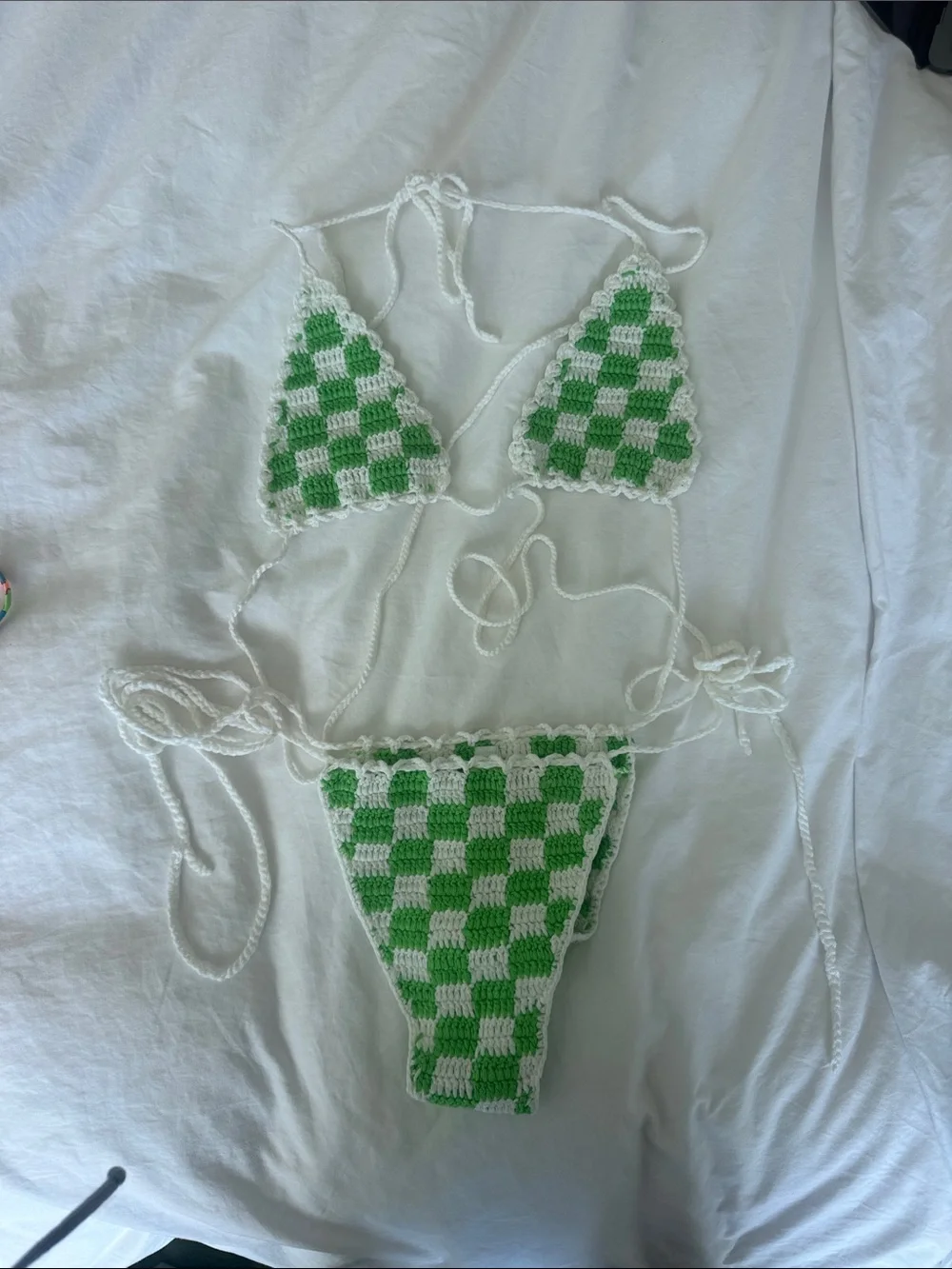 Frankie’s bikini green and white crochet